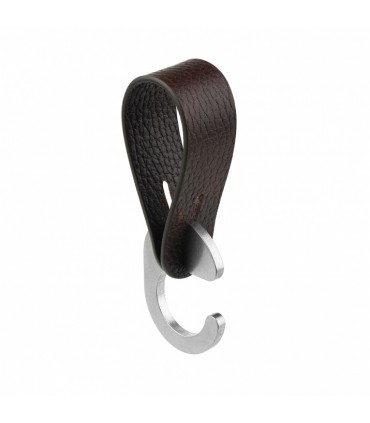 Patère lanière cuir naturel et crochet inox pour barre de penderie