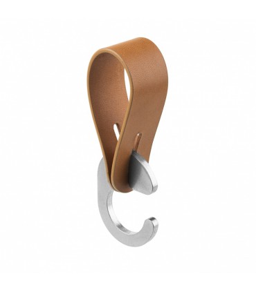 Patère lanière cuir naturel et crochet inox pour barre de penderie