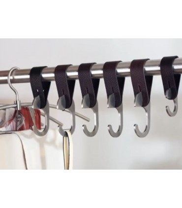 Patère lanière cuir naturel et crochet inox pour barre de penderie