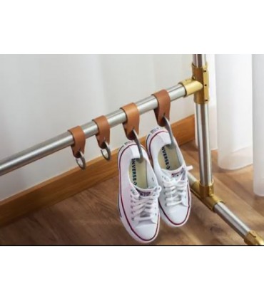 Patère lanière cuir naturel et crochet inox pour barre de penderie