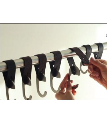 Patère lanière cuir naturel et crochet inox pour barre de penderie