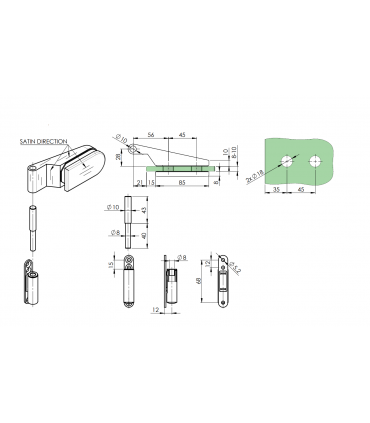 Paire de paumelle avec fiche pour porte clarit en verre