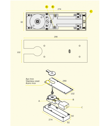 Ferme porte de sol avec ou sans arrêt à 90° pour porte jusqu'à 200 kg