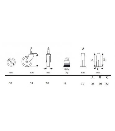 Fiche technique pour la roulette Ø 50mm.