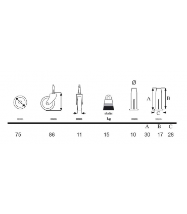 Fiche technique de la roulette en Ø 75mm.