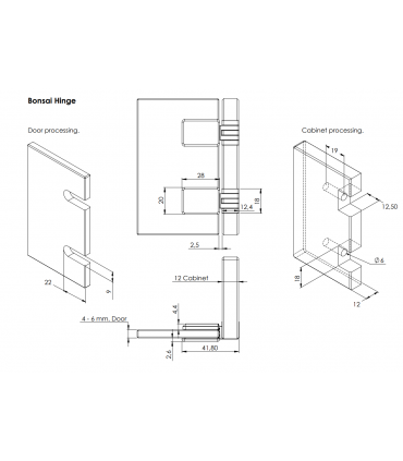Charnière porte verre série Bonsai pour panneau de 12 mm