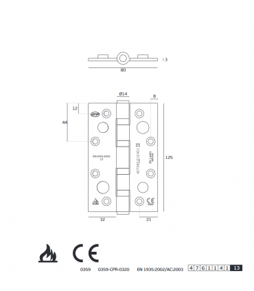 Paumelle ignifugé inox aisi316 sur roulement à billes 120 kg