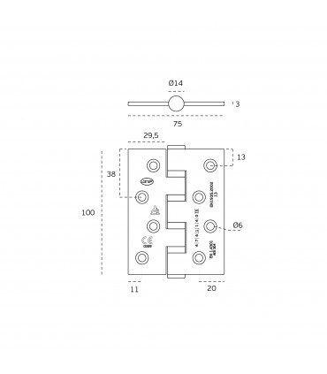 Paumelle 100X75 en inox aisi316 ignifugé sur roulement à billes angles vifs 120 kg