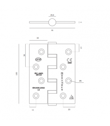 Paumelle 100X75 en inox aisi316 ignifugé sur roulement à billes angles vifs 120 kg