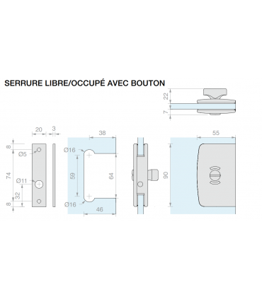 Serrure à bouton avec voyant libre / occupé pour porte en verre