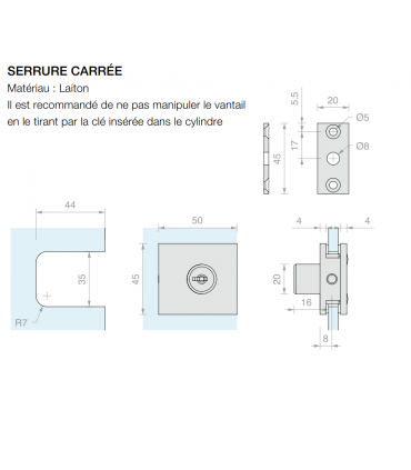 Petite serrure carrée pour porte de vitrine en verre