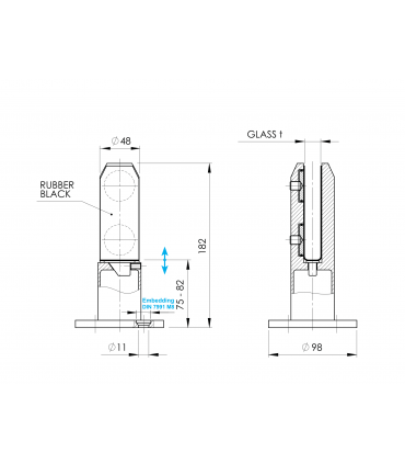 Pince à verre ht.182 mm sur embase en inox pour garde corps de terrasse et piscine