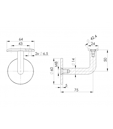 Support mural inox PVD noir pour main courante sur platine plate