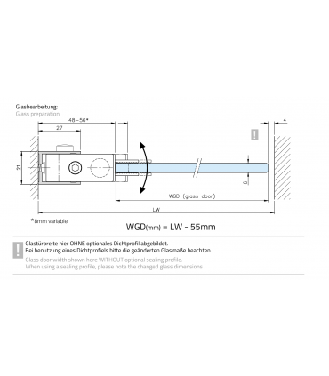 Charnière pare douche à relèvement mur sur verre