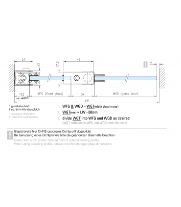 Charnière pare douche à relèvement verre sur verre