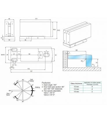Charniere de sol série JUMP III pour porte double action en verre