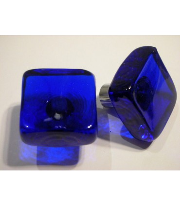 Poignée bouton verre carré bleu cobalt
