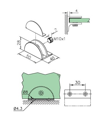 Support demi rond avec méplat pour verre 10 à 15 mm