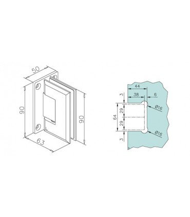 Charnière 90° pour porte en verre encoche
