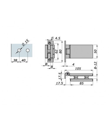 Paumelle avec fiche pour porte en verre technique et encoche