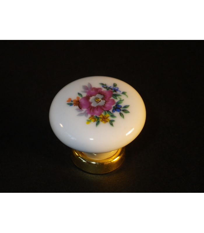 Poignée Bouton De Meuble En Porcelaine Blanche Avec Décor Florale.