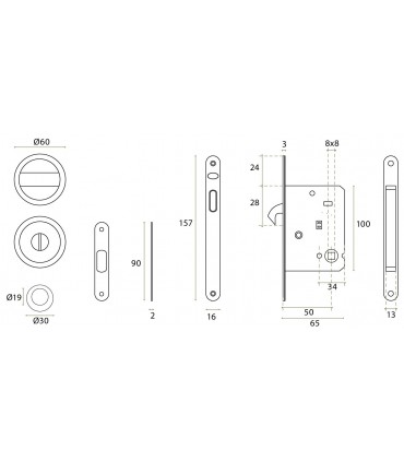 Serrure pour porte coulissante bois avec rosaces conda/déconda.
