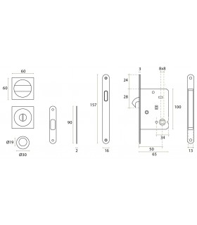 Serrure pour porte coulissante bois avec rosaces conda/déconda. carrées