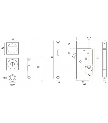 Serrure pour porte coulissante bois avec rosaces conda/déconda. carrées