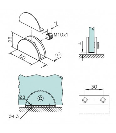Support demi rond pour verre ép.10 à 15 mm