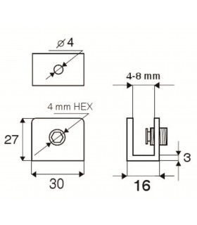 Pince fixe pour verre d'épaisseur 4 à 8 mm Pince fixe pour verre d'épaisseur 4 à 8 mm