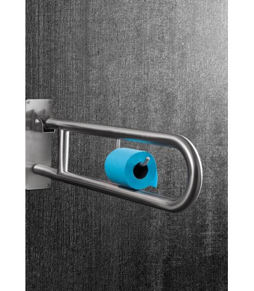 Barre d'appuie relevable avec porte rouleau papier wc