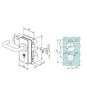 Serrure horizontale pour porte de sanitaire en verre